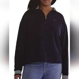 Nautica Women's Quarter Zip Cotton Blend Sweater, Navy Seas Blue,  Size L
